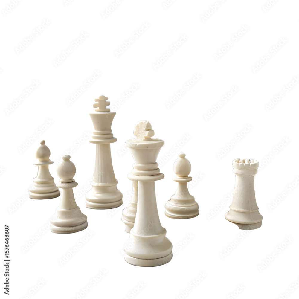 A set of white chess pieces arranged on a black background. The pieces include a king, queen, rooks, bishops, knights, and pawns, showcasing their distinct shapes. A set of white chess pieces arranged on a black background. The pieces include a king, queen, rooks, bishops, knights, and pawns, showcasing their distinct shapes.
