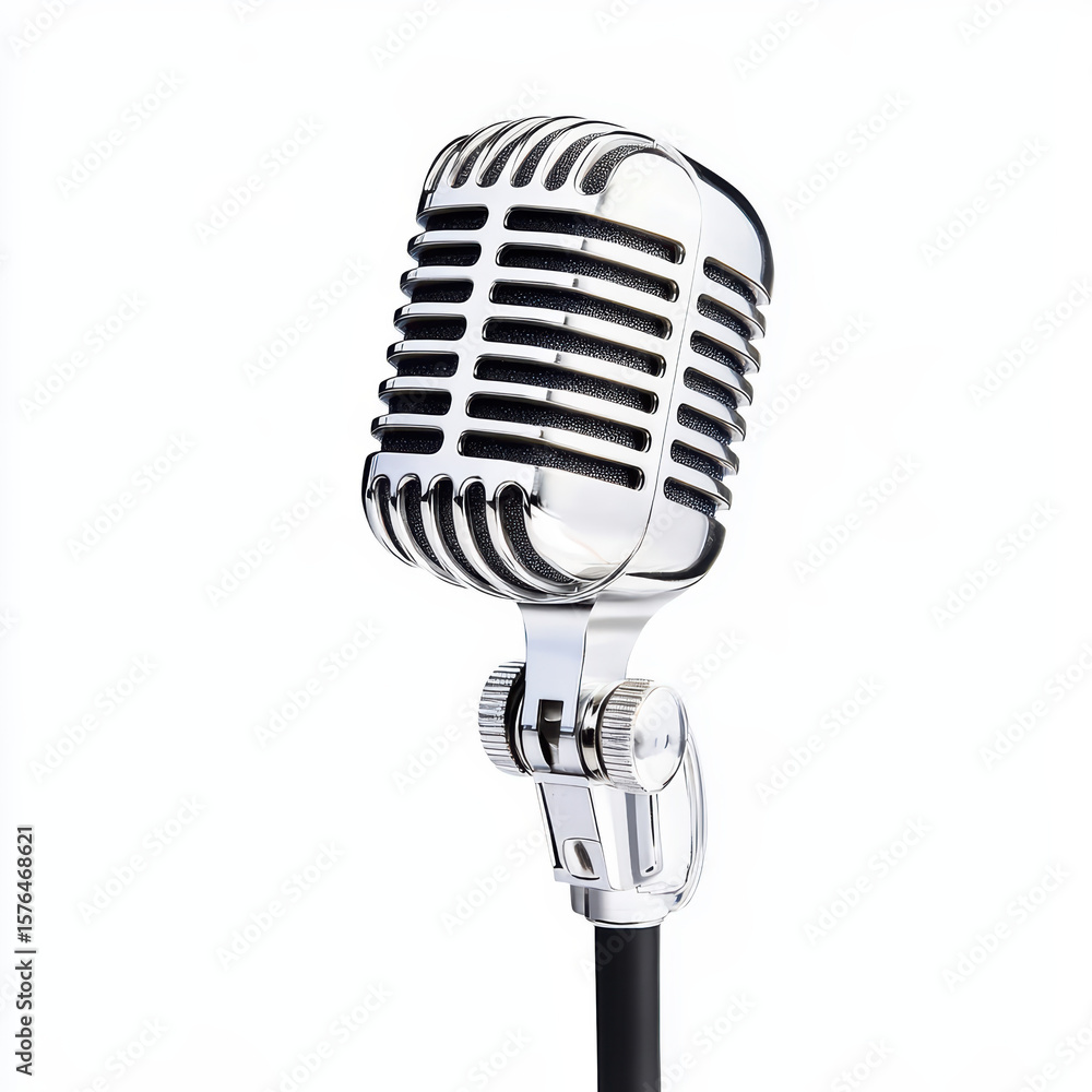 Fototapeta premium A classic vintage-style silver microphone with a stand, set against a white background.