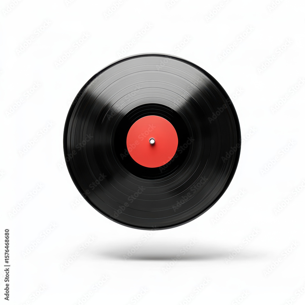 A black vinyl record with a red center label is shown floating against a white background, highlighting its grooves and classic design. A black vinyl record with a red center label is shown floating against a white background, highlighting its grooves and classic design.