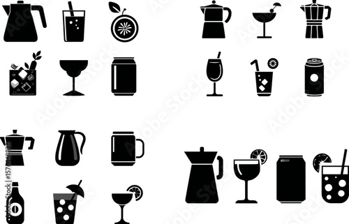 Black and white drink icons vector set for beverage menu design elements graphic