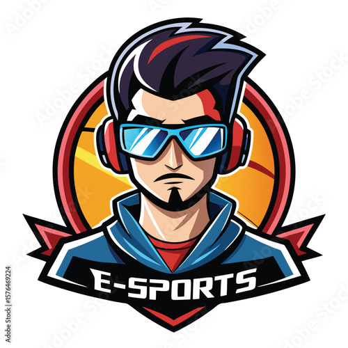 Cartoon esports logo of a young man wearing headphones and sunglasses