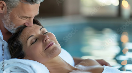 Couple  relaxing in spa salon. Couple relaxing a spa massage therapy jacuzzi with a pool, hoot tub vacation holiday getaway. 