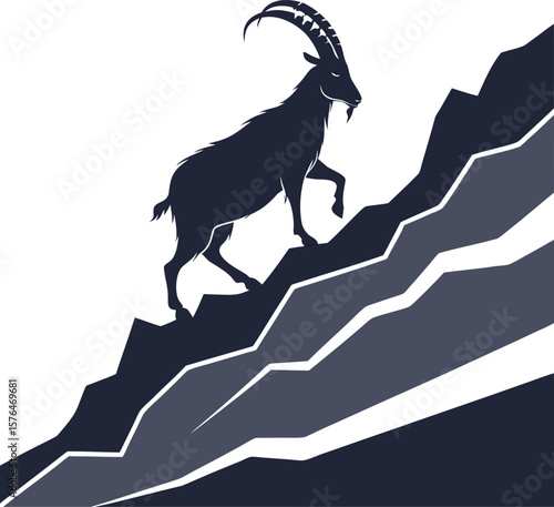 Majestic ibex climbing steep rocky mountain silhouette