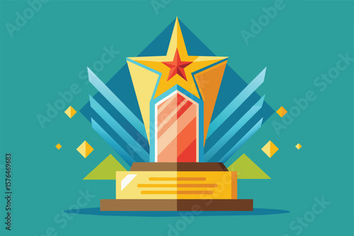 Illustrative representation of a modern award trophy with bold colors and geometric shapes, symbolizing achievement and success. Ideal for recognizing excellence in various fields.