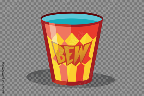 Illustration of a vibrant soda cup with comic style graphics, featuring the word "BEW". Ideal for advertising, promotions, or energetic projects requiring a bold, playful touch.