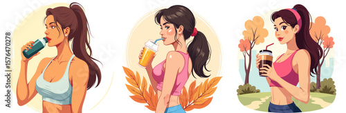 Young woman enjoying drinks in park during autumn season, concept of sport, made in bright clean pastel colors, with smooth, clear, ultra-thin black outline  