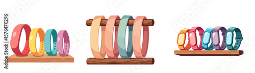 Colorful wristbands displayed on wooden shelf in minimalist style  