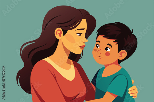 Illustration of a mother lovingly embracing her young son, capturing the essence of familial bonds, warmth, and affection. Perfect for themes of family love and maternal care.