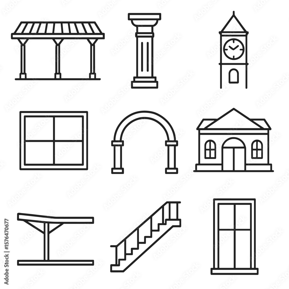 Obraz premium Train Station Icons. Line style icons of train station architecture: roof canopy, pillar, window frame, clock tower, entrance arch
