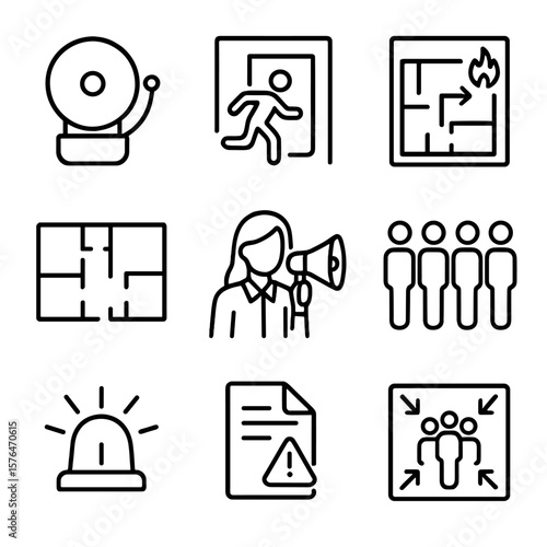 School Drill Icons. Outline style icons of School Emergency Drill: evacuation bell, exit sign, fire drill map, school floor plan,