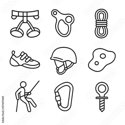 Climbing Gear Icons. Outline style icons of Climbing & Rappel Drill: harness clip, belay tool, rope coil, climbing shoes, helmet