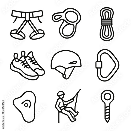 Climbing Gear Icons. Outline style icons of Climbing & Rappel Drill: harness clip, belay tool, rope coil, climbing shoes, helmet