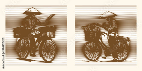  Lined effect engraving bundle of a newspaper vendor on bicycle vintage style detailed hand drawn vector illustration urban street vendor delivery classic retro design