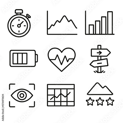 Trail Running Icons. Outline style icons of Trail Running Strategy: interval timer, elevation profile, split chart, energy reserve