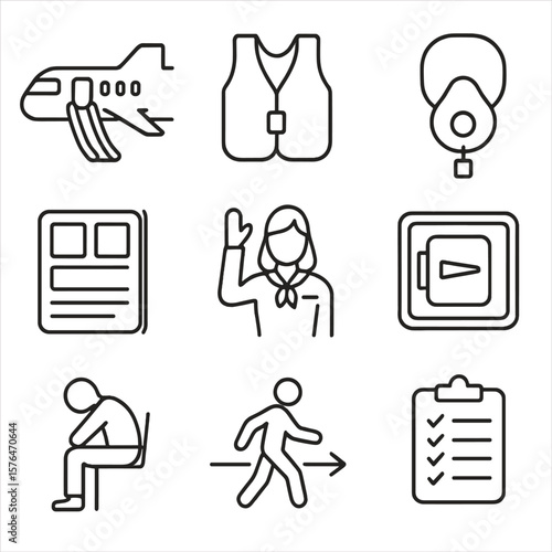 Aviation Safety Icons. Outline style icons of Aviation Safety Drill: aircraft slide, life vest, oxygen mask, safety card, flight