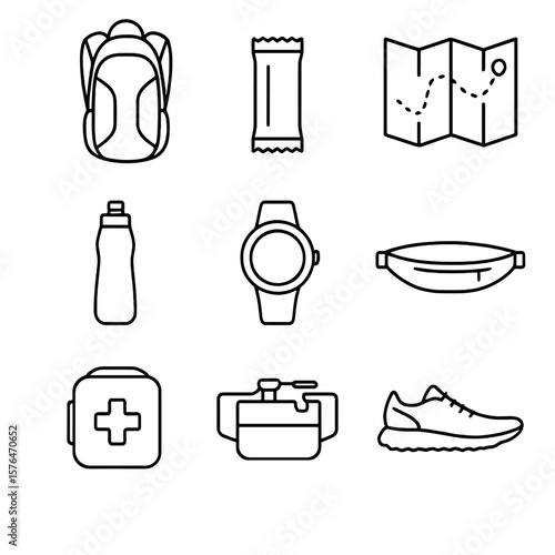 Trail Running Essentials. Outline style icons of Trail Running Minimal Gear: lightweight pack, compact snack, foldable map, slim