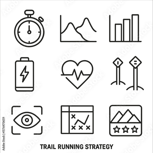 Trail Running Icons. Outline style icons of Trail Running Strategy: interval timer, elevation profile, split chart, energy reserve
