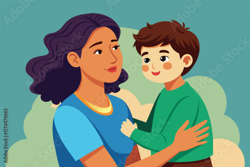 Illustration of a mother and child sharing a heartfelt moment. The mother embraces her child with love, depicting family bonds and nurturing care in a colorful, cheerful setting.