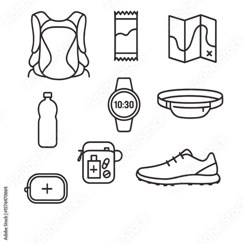 Trail Running Essentials. Outline style icons of Trail Running Minimal Gear: lightweight pack, compact snack, foldable map, slim