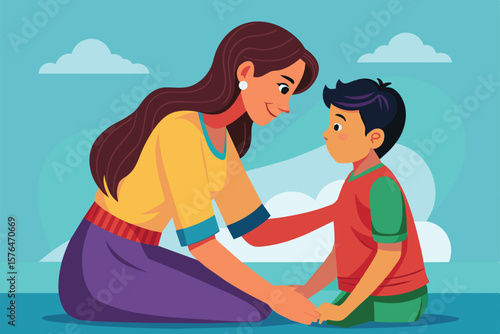 Illustration of a loving mother comforting her son, capturing a heartwarming moment of family bonding and care. The image reflects warmth, empathy, and maternal support.