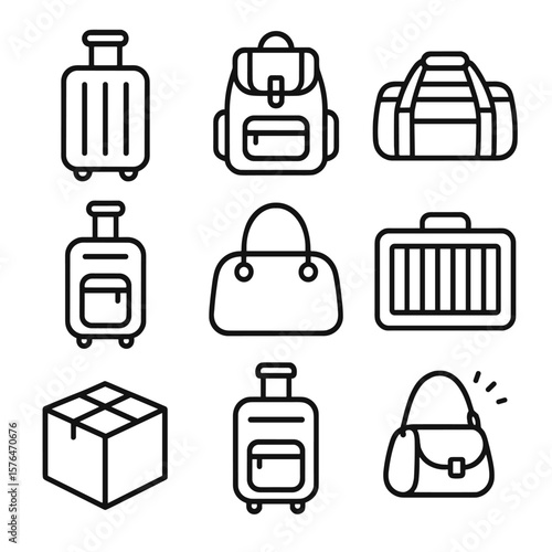 Train Station Luggage Icons. Line style icons of train station luggage: suitcase, backpack, duffel bag, trolley bag, handbag,