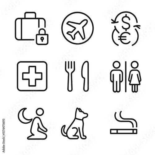 Train Station Icons. Line style icons of train station services: luggage storage, travel agency, currency exchange, pharmacy, food