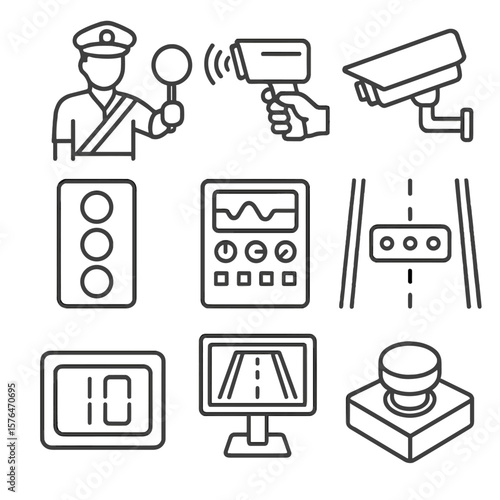 Traffic Control Icons. Line style icons of traffic management control: traffic controller, radar gun, surveillance camera, signal