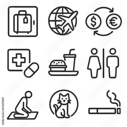 Train Station Icons. Line style icons of train station services: luggage storage, travel agency, currency exchange, pharmacy, food
