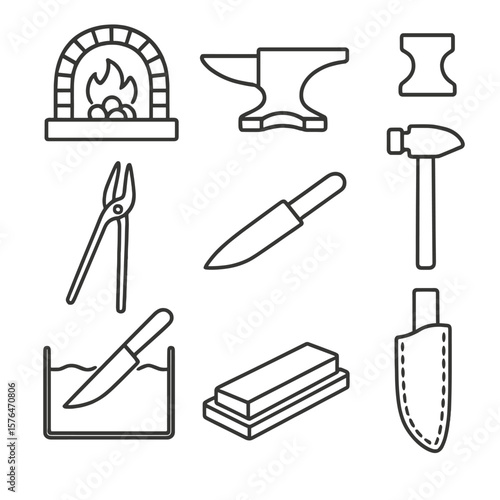 Knife Forging Icons. Line style icons of Traditional Knife Forging: coal forge, anvil, hardy tool, forging hammer, tongs, blade