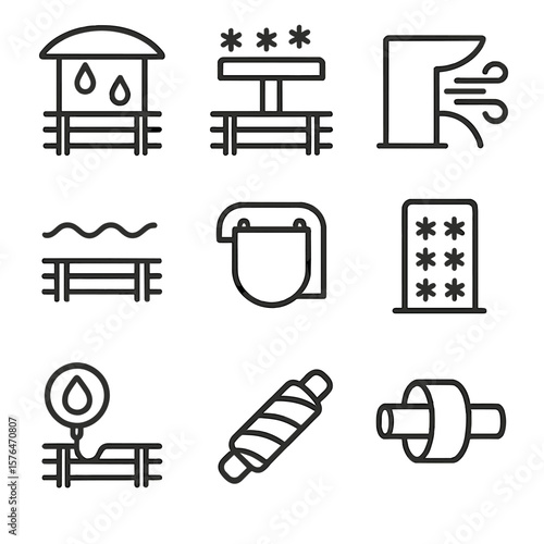 Trackside Weatherproofing Icons. Outline style icons of trackside facility weatherproofing: rain cover, snow shield, wind
