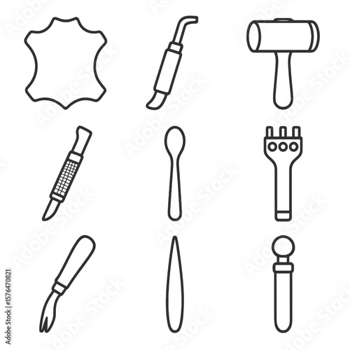 Leather Tooling Icons. Line style icons of Traditional Leather Tooling: leather hide, swivel knife, stamping mallet, beveler tool,