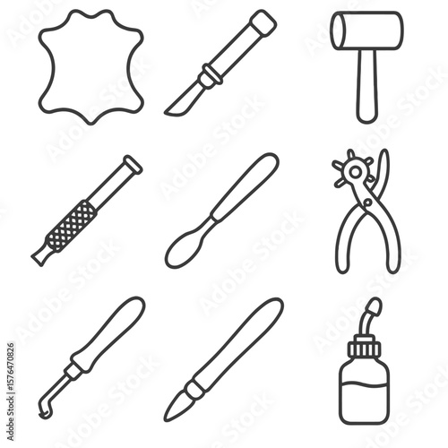 Leather Tooling Icons. Line style icons of Traditional Leather Tooling: leather hide, swivel knife, stamping mallet, beveler tool,