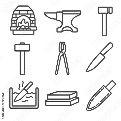 Knife Forging Icons. Line style icons of Traditional Knife Forging: coal forge, anvil, hardy tool, forging hammer, tongs, blade