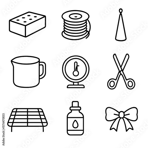 Candle Craft Icons. Line style icons of Candle Dipping Crafts: wax block, wick spool, taper mould, dipping pot, temperature gauge,