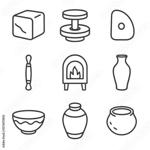 Pottery Icon Set. Line style icons of Traditional Pottery: clay block, potter’s wheel, shaping rib, trimming tool, kiln, bisque