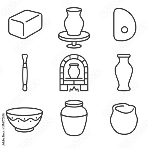 Pottery Icon Set. Line style icons of Traditional Pottery: clay block, potter’s wheel, shaping rib, trimming tool, kiln, bisque