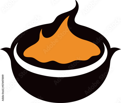 Illustration of French Crème Brûlée Dessert in Black Bowl with Caramelized Top and Orange Custard Filling