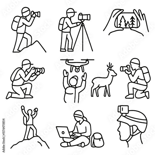 Adventure Photography Icons. Outline style icons of Adventure Photography Silhouette: holding DSLR at mountain, tripod setup,