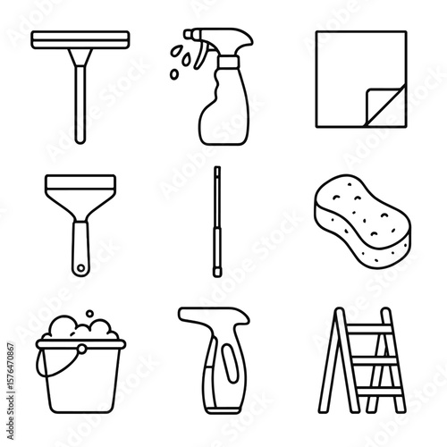 Window Cleaning Tools. Outline style icons of Window and Glass Cleaning Tools: squeegee on handle, spray bottle with droplets,