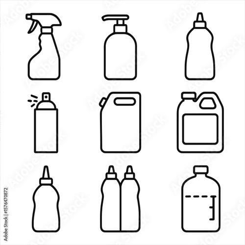 Cleaning Product Icons. Outline style icons of Cleaning Product Bottles: trigger spray bottle, pump bottle, squeeze bottle,