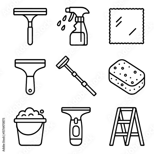 Window Cleaning Tools. Outline style icons of Window and Glass Cleaning Tools: squeegee on handle, spray bottle with droplets,