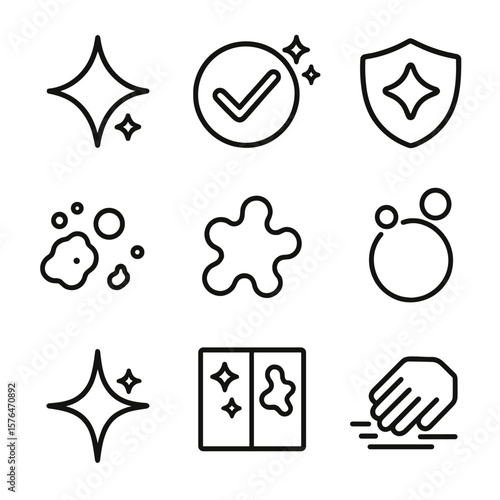 Cleaning Icons Outline. Outline style icons of Cleaning Symbols and Icons: sparkle effect, cleaned checkmark, hygiene shield, dust