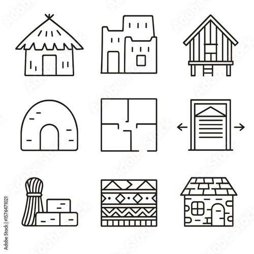 Vernacular Architecture Icons. Outline style icons of Vernacular Architecture: thatched roof hut, adobe house, bamboo stilt house,