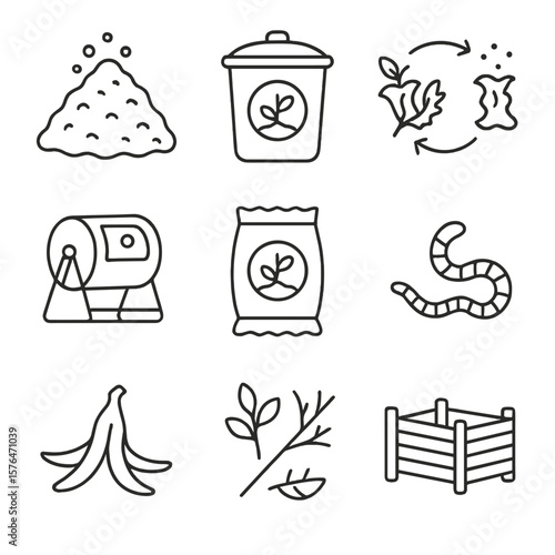 Composting Outline Icons. Outline style icons of Composting: compost pile, compost bin with lid, food waste to soil, rotating