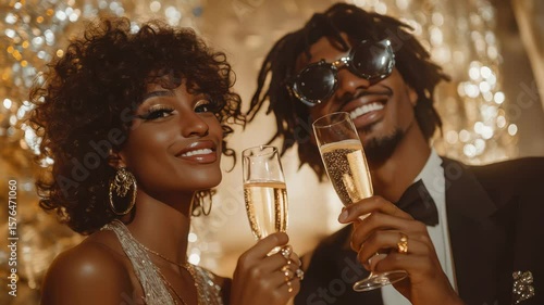 Elegant Couple Toasting Champagne in Luxurious Celebration with Smiles