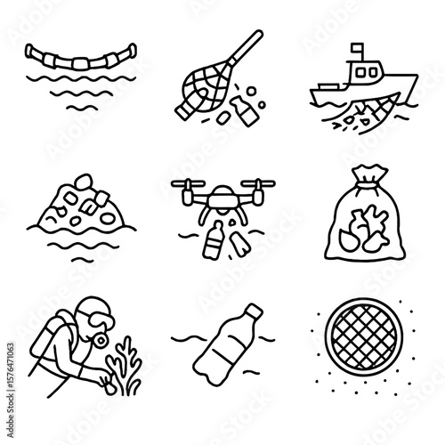 Ocean Cleanup Icons. Outline style icons of Ocean Waste Cleanup: ocean boom barrier, fishing net recovery, boat with trash net,