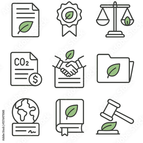 Environmental Law Icons. Outline style icons of Environmental Policy and Laws: green policy document, eco regulation icon,