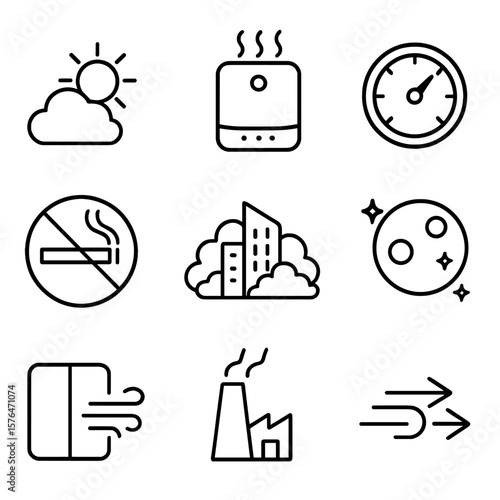 Air Quality Icons. Outline style icons of Air Quality: clear sky icon, air purifier unit, AQI meter, no smoking symbol, city haze