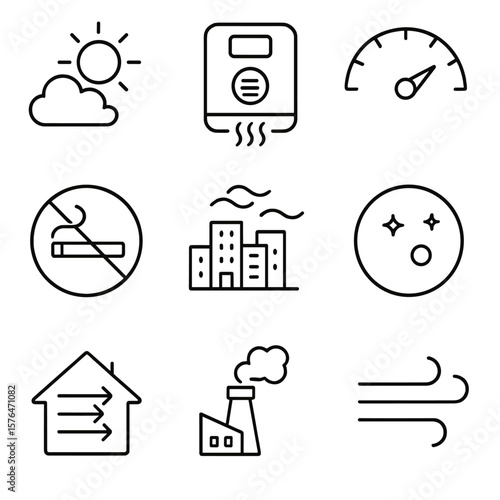 Air Quality Icons. Outline style icons of Air Quality: clear sky icon, air purifier unit, AQI meter, no smoking symbol, city haze