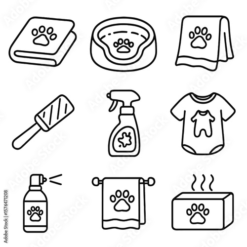 Pet Laundry Icons. Outline style icons of Pet Laundry: pet blanket, washable pet bed, pet towel, fur remover roller, stain cleaner